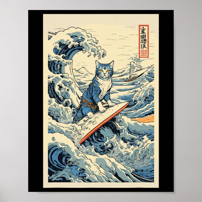 Póster Surfing Cat Hokusai Great Wave Off Kanagawa Japane (Frente)