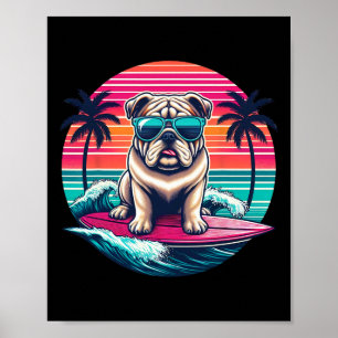 Póster Surfing English Bulldog Atardecer Retro Hombres Mu