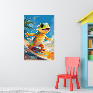 Póster Surfing Gecko Montando Las Ondas