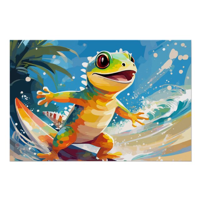 Póster Surfing Gecko Montando Las Ondas (Anverso)