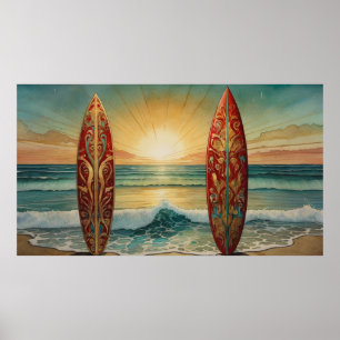 Póster Surfing Ocean Waves Summer Sunset