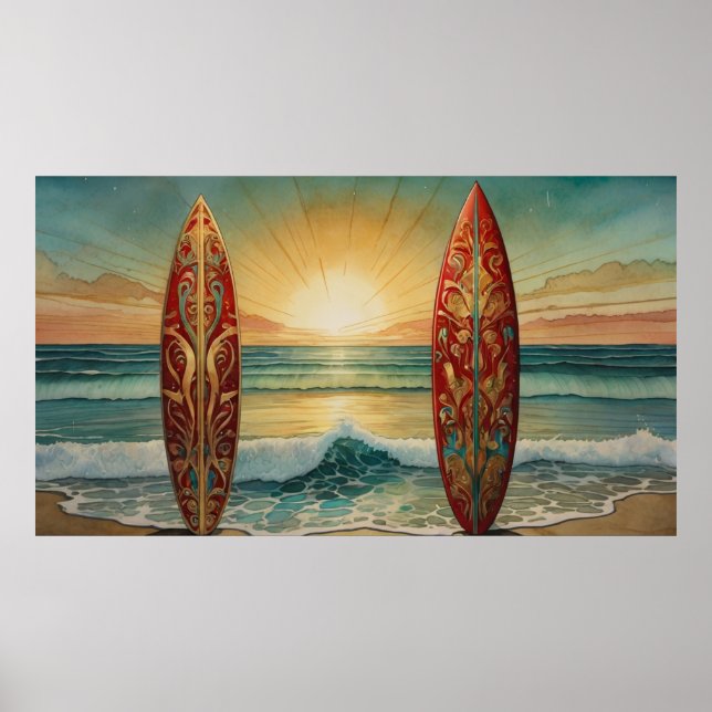 Póster Surfing Ocean Waves Summer Sunset (Frente)