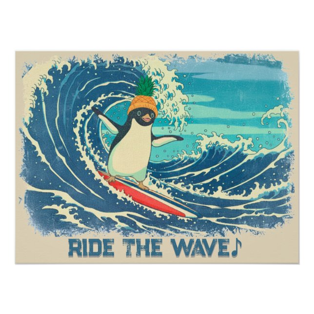 Póster Surfing penguin Ukiyo-e style "Ride the Wave" (Anverso)