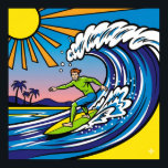 Póster Surfing Pop Art<br><div class="desc">Un gráfico de alta calidad de una escena surfista de estilo pop artístico,  con un surfista con contornos audaces y colores planos y brillantes montando una ola estilizada.</div>