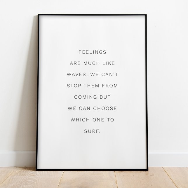 Póster Surfing the waves - poster de citas inspiradoras (Surfing the waves - inspirational quote poster in a black frame standing on the floor.)