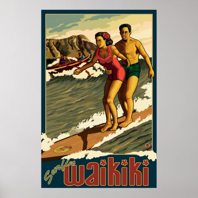 Póster Surfing Waikiki - Honolulu, afiche de viaje de Haw (Frente)