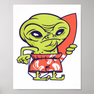 Póster Surfista alienígena surfando tabla de surf extrate