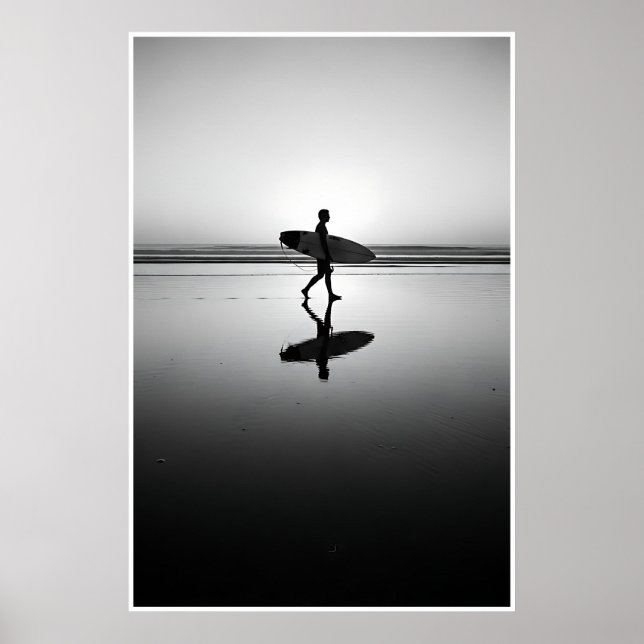 Póster Surfista blanco y negro al atardecer (Frente)
