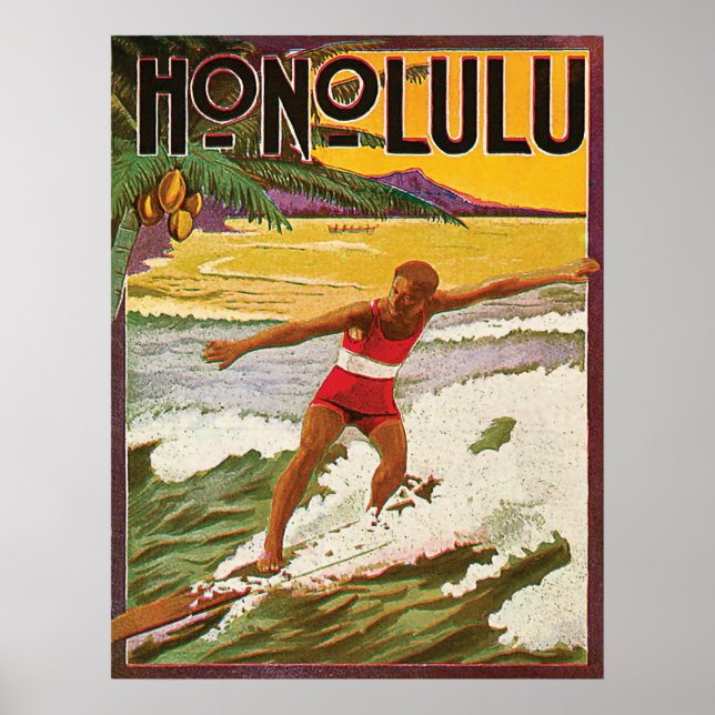Póster Surfista en la playa tropical de Honolulu, viaje v (Frente)