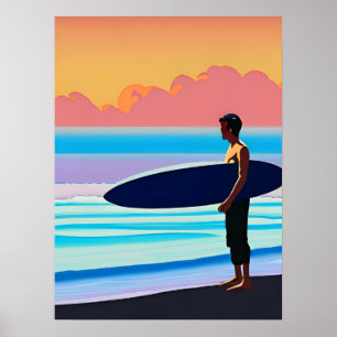 Póster Surfista en una playa al atardecer