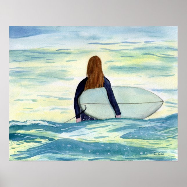 Póster Surfista femenina en hermosa luz solar (Frente)