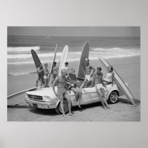 Póster Surfistas retro, cosecha en blanco y negro