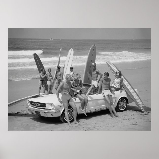 Póster Surfistas retro, cosecha en blanco y negro (Frente)