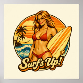 Póster Surf's Up Bikini Pin-Up Retro Surf Shop Beach Art