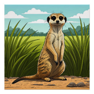 Póster Suricata erguida alerta en un campo de hierba