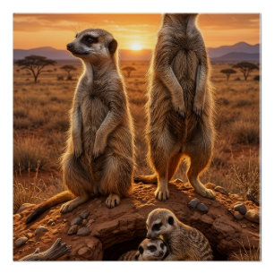 Póster Suricatas Lindas De Pie En Un Paisaje Desértico De