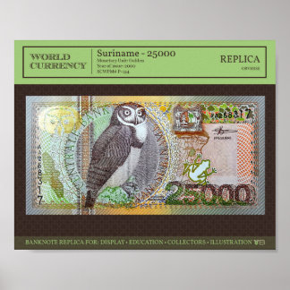 Póster Surinam 25,000 Gulden Réplica de billetes 10x8 fot