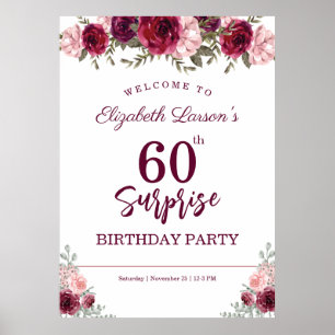 Póster Surprise Senior Birday Party Floral Burgundy