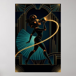 Póster Surreal Art Deco Camera Woman Gold Silhouette