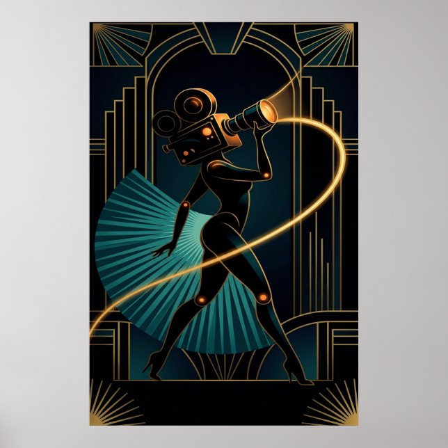 Póster Surreal Art Deco Camera Woman Gold Silhouette (Frente)