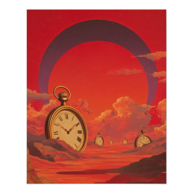 Póster Surreal Desert Clock Red Dreamscape Art (Anverso)