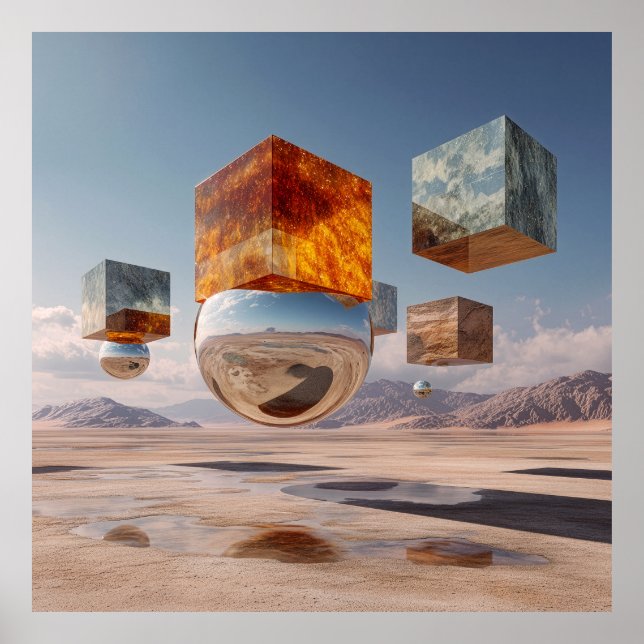 Póster Surreal Floating Cubes And Reflective Sphere (Frente)
