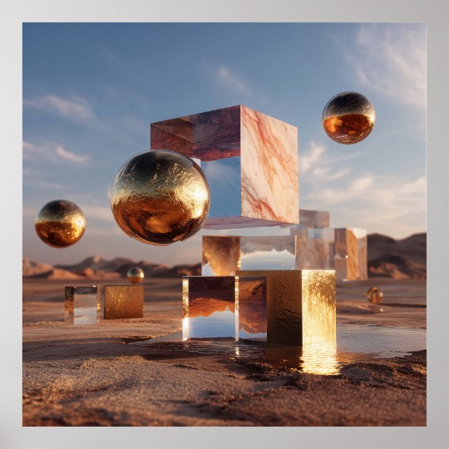 Póster Surreal Geometric Composition With Golden Spheres (Frente)