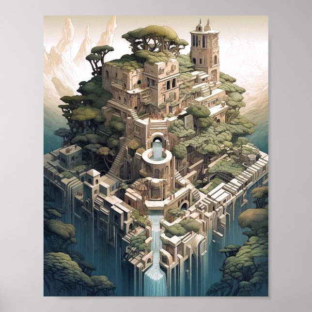 Póster Surreal Geométrico paisaje de la ciudad Fantasía A (Frente)