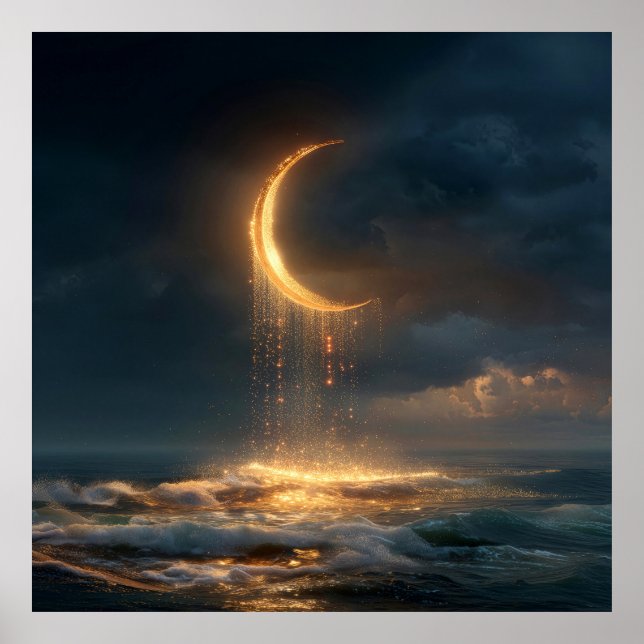 Póster Surreal Golden Crescent Moon Above Ocean (Frente)