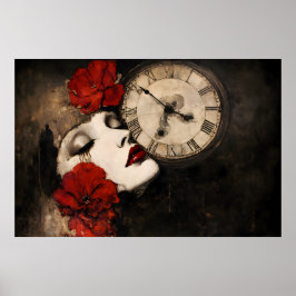 Póster Surreal Gothic Woman with Red Poppies and Vintage 