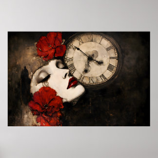 Póster Surreal Gothic Woman with Red Poppies and Vintage 