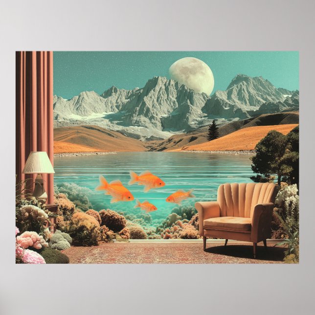 Póster Surreal Interior with Fish and Moonlit Landscape (Frente)