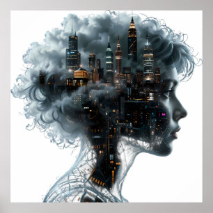 Póster Surreal Mindscape: City within a Woman's Head