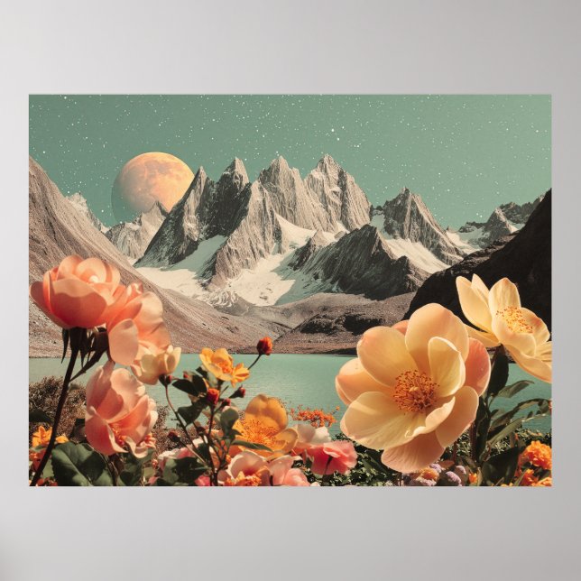 Póster Surreal Mountain Landscape With Blooming Flowers (Frente)