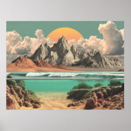 Póster Surreal Ocean and Mountain Landscape with Waves