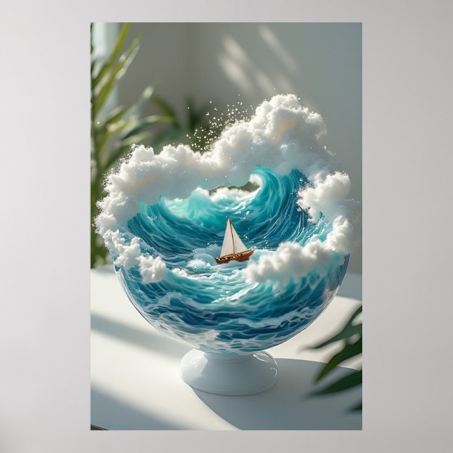 Póster 🌊 Surreal Ocean in Glass Globe Tiny Sailboat✨ (Frente)