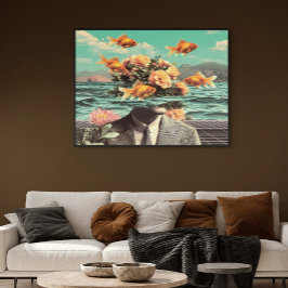 Póster Surreal Portrait With Goldfish Flowers And Ocean