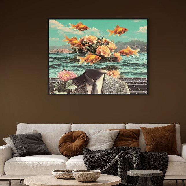 Póster Surreal Portrait With Goldfish Flowers And Ocean (Surreal Portrait With Goldfish Flowers And Ocean)