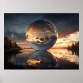 Póster Surreal Reflective Sphere With Sunset Clouds Over