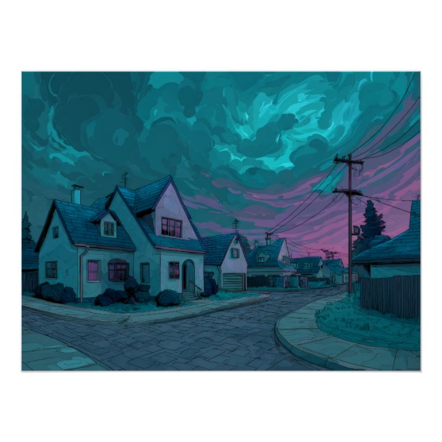 Póster Surreal Teal Twilight Suburb Scene (Anverso)