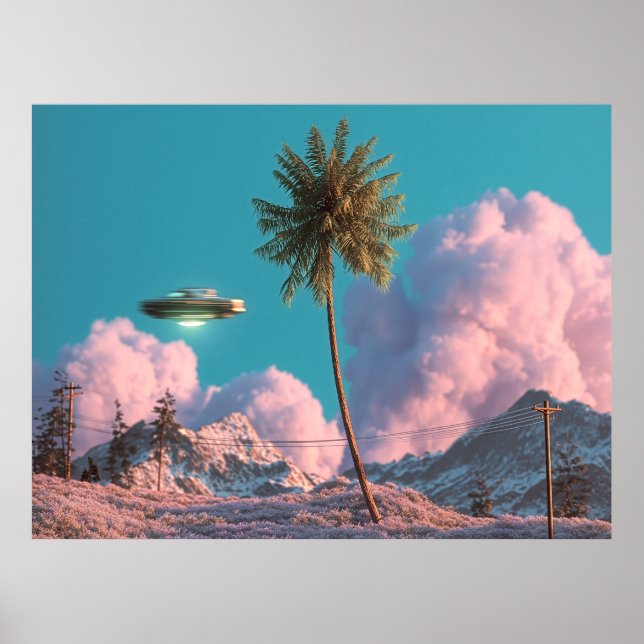 Póster Surreal UFO and Palm Tree Mountain Scene (Frente)