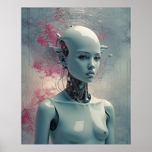 Póster surrealista de android paranoico de ciencia