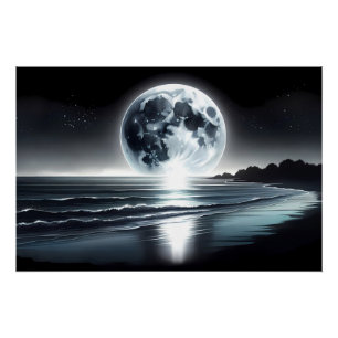 Póster Surrealista Moonrise Over Tranquilo Ocean Shore