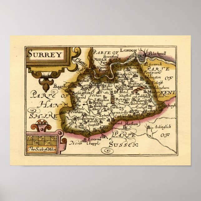 Póster Surrey County England Old Antiquarian Atlas Map (Frente)