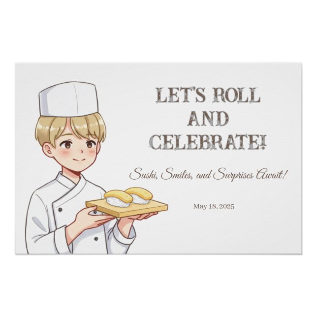 Póster Sushi Birthday Party Invitation with Cute Anime  (Anverso)