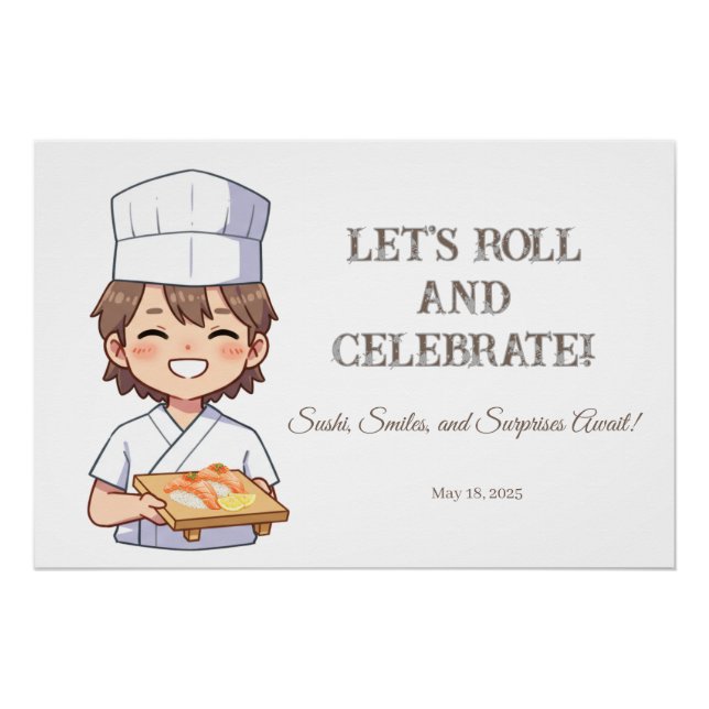 Póster Sushi Birthday Party Invitation with Cute Anime  (Anverso)