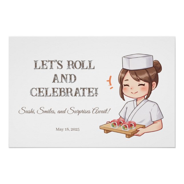 Póster Sushi Birthday Party Invitation with Cute Anime  (Anverso)
