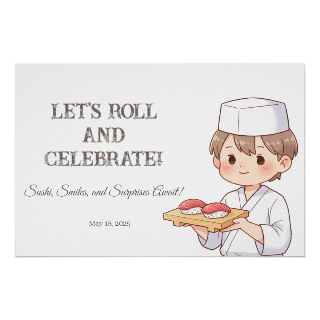 Póster Sushi Birthday Party Invitation with Cute Anime  (Anverso)