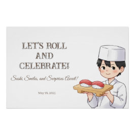 Póster Sushi Birthday Party Invitation with Cute Anime