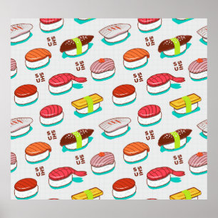 Póster Sushi de nigiri de época, patrón de doodle